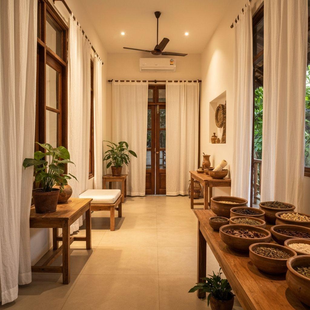 A serene Ayurvedic treatment space in India with natural elements and warm lighting